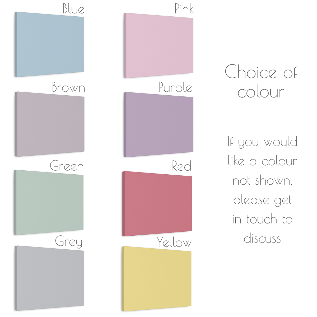Colour chart showing options for canvas colour - blue, brown, green, grey, pink, purple, red, yellow