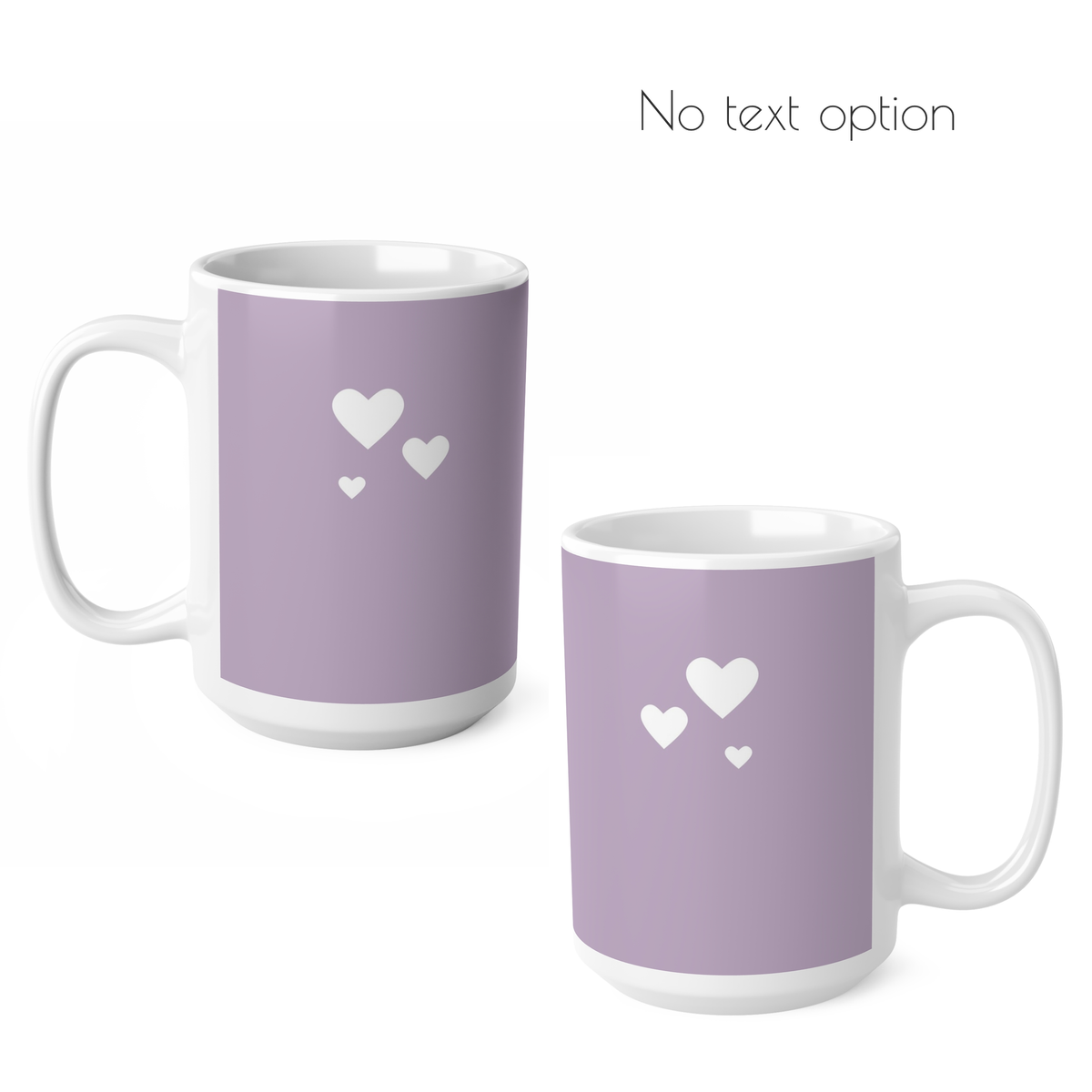 Purple with three white hearts ceramic mug. Option to have the mug with no text.