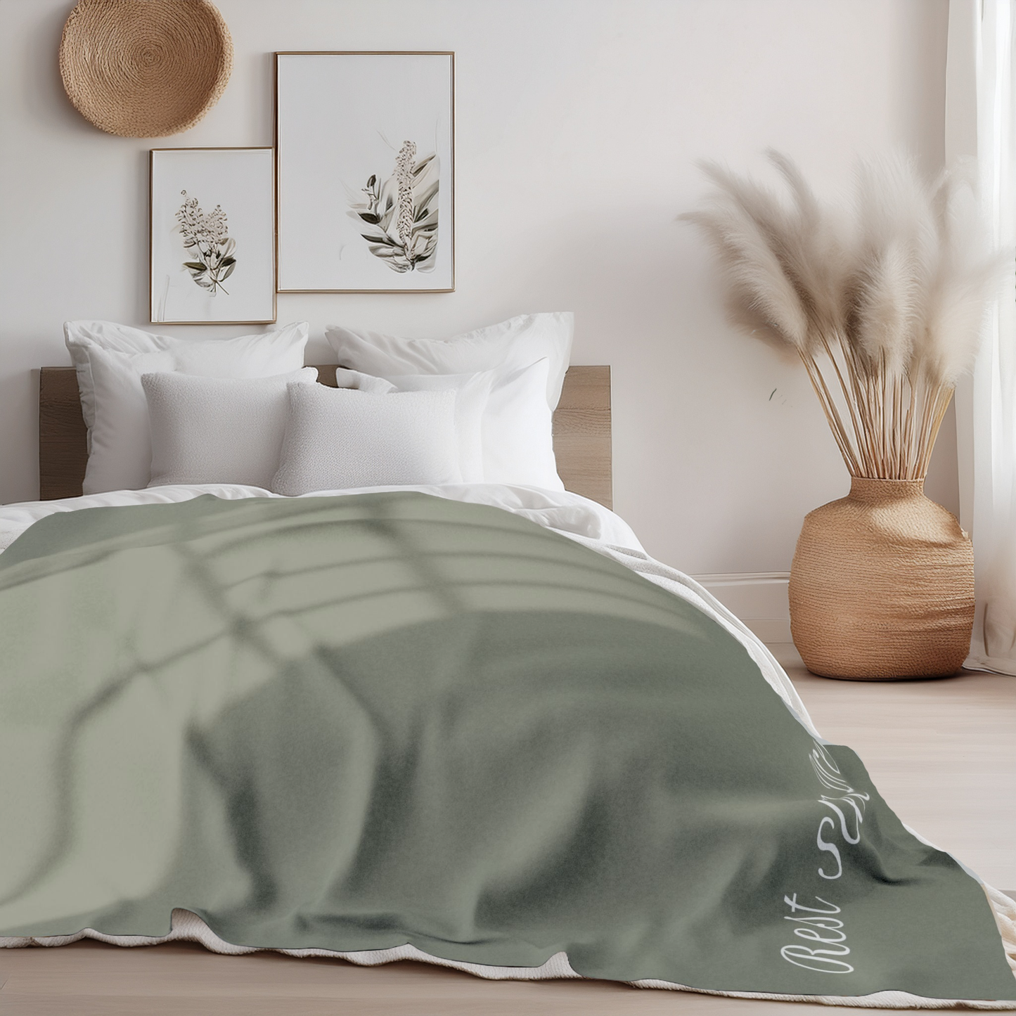 Large version of green blanket laid over double bed in modern bedroom with large vase, and artwork on the wall above bed.