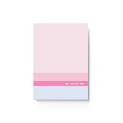 pink hardcover journal notebook with blue and pink horizontal striped area. personalise with your chosen custom words