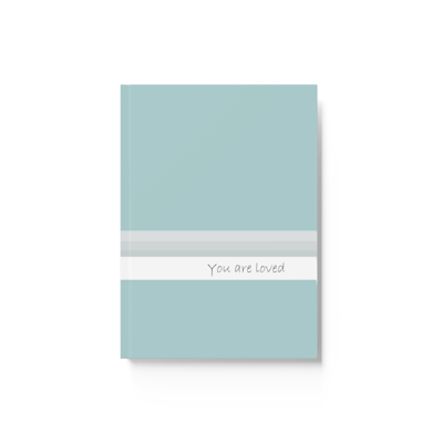 teal hardcover journal notebook with grey and white horizontal striped area, with the words, you are loved