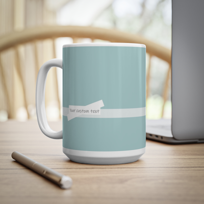 teal ceramic mug with white horizontal stripe and bow detail area for your custom personalized text on both the front and back