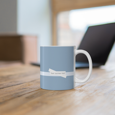darkk blue ceramic mug with white bow design.your custom personalised words.