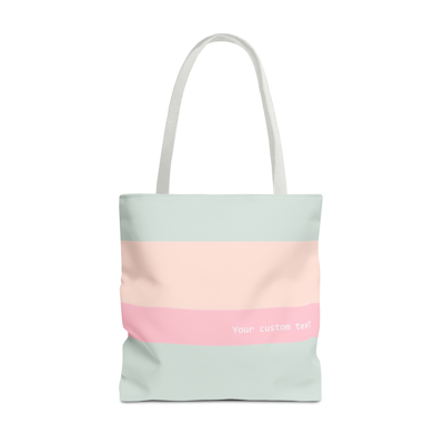 light green tote bag with pink and orange stripe. personalize with your custom words