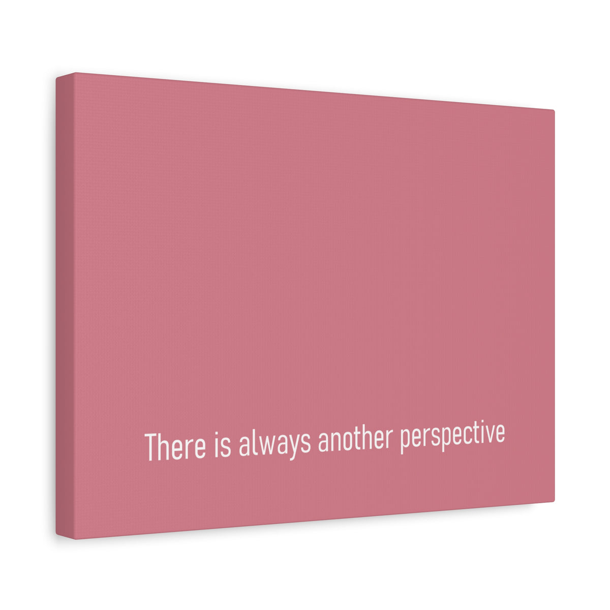 A rectangular red canvas wall art print with the phrase 'There is always another perspective' in white sans-serif text near the bottom, shown at a slight angle on a white background.