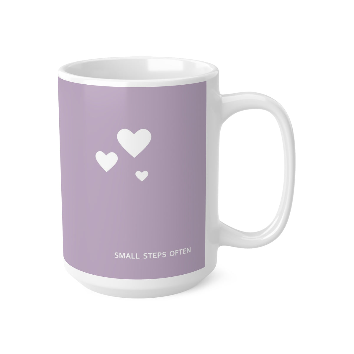 Right side view of purple ceramic white hearts mug, 15oz size, showing ‘Small steps often’ text and handle