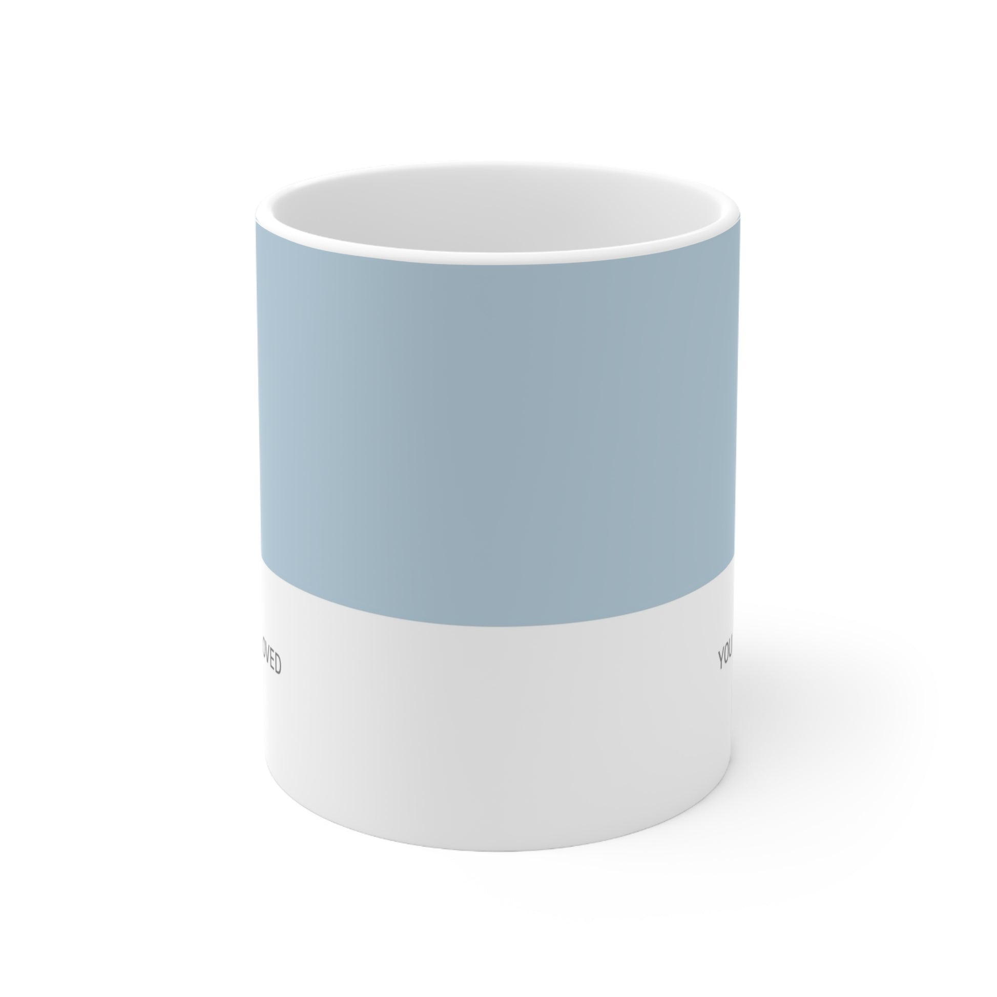 Front view of blue and white ceramic minimalist mug, 11oz size