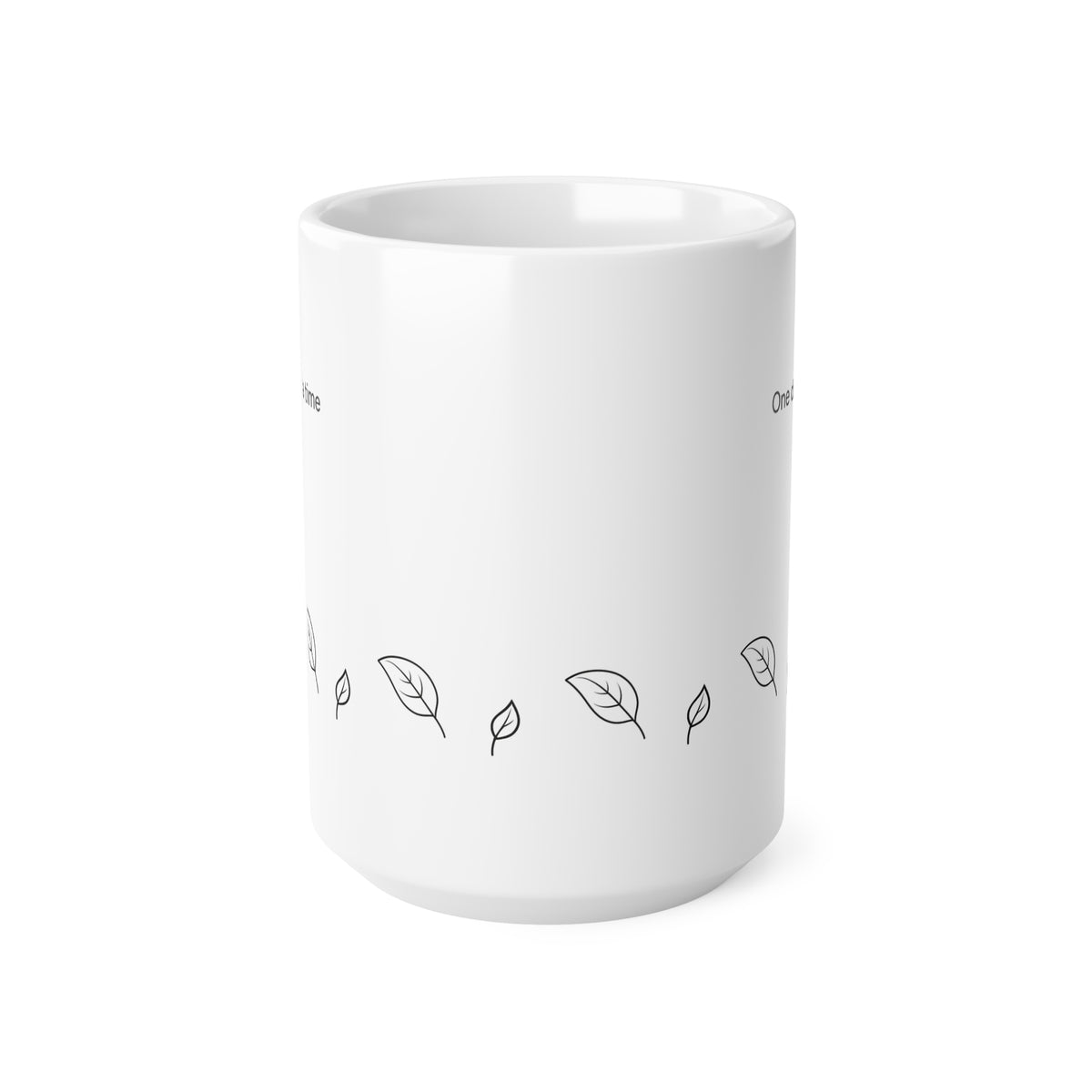 Front view of 15oz white ceramic mug with a minimalist black line-art pattern of small leaves around the lower half, shown on a clean white background. The leaf design wraps around the whole mug.