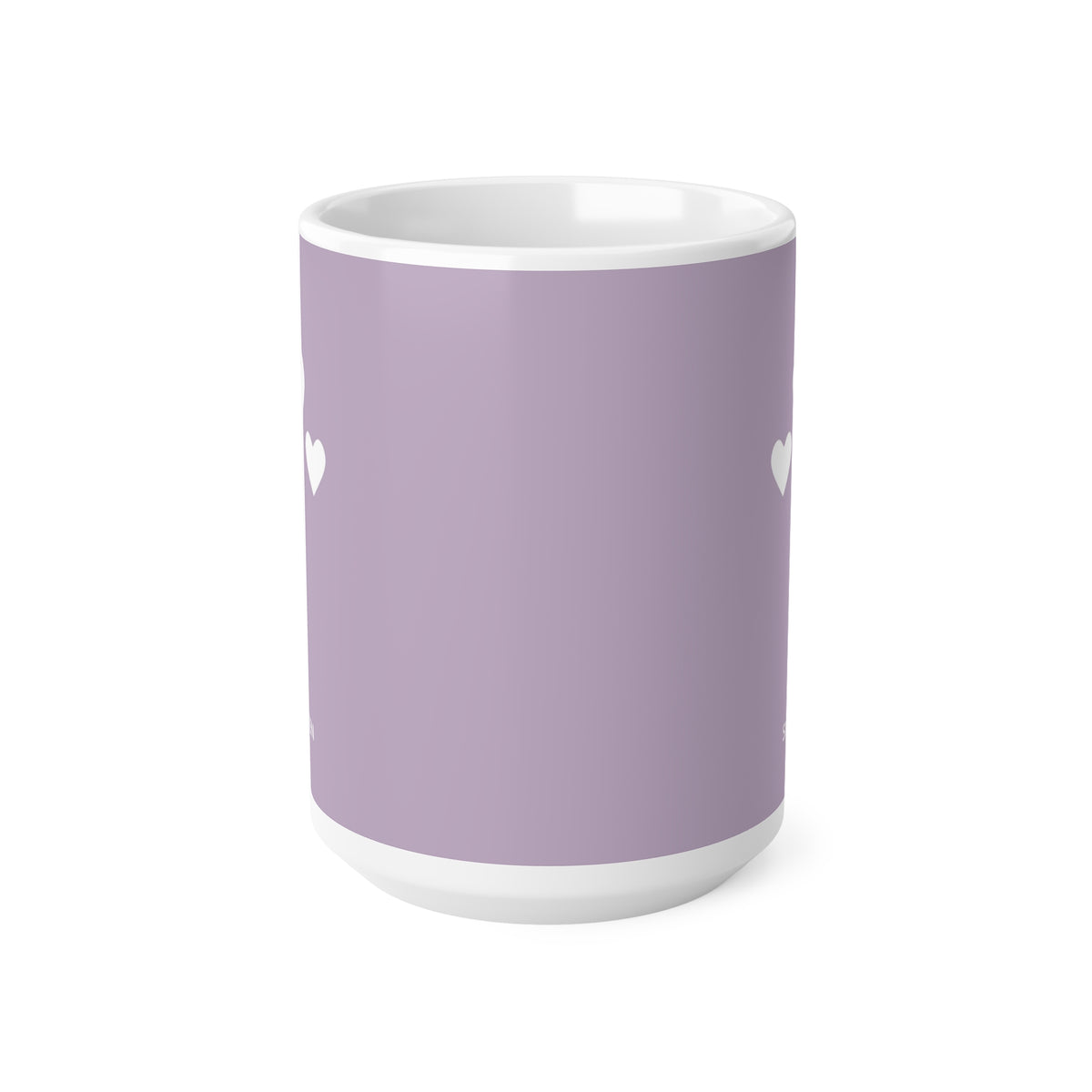 Front view of purple ceramic white hearts mug, 15oz size
