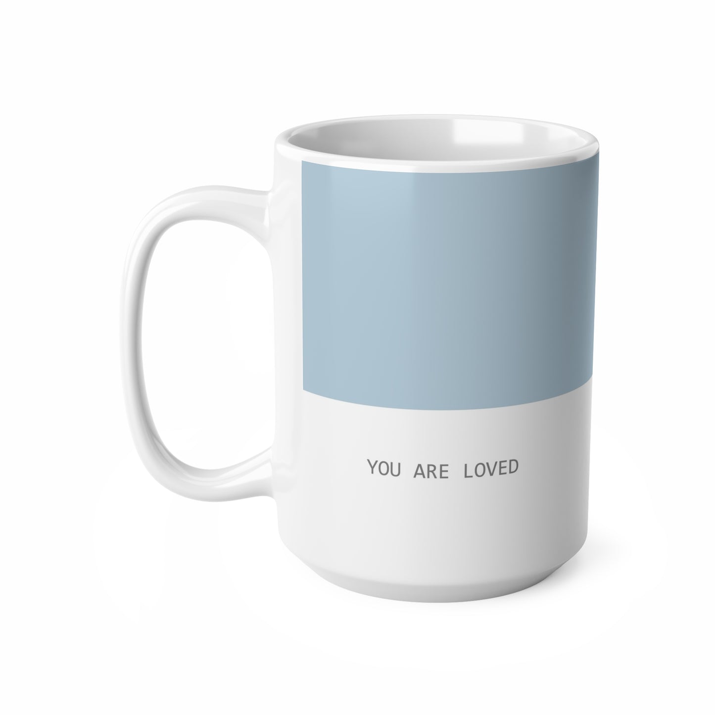 Left side view of blue and white ceramic minimalist mug, 15oz size, showing ‘you are loved’ text and handle