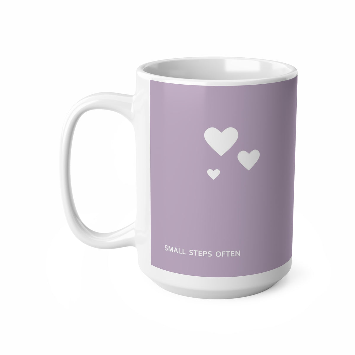 Left side view of purple ceramic white hearts mug, 15oz size, showing ‘Small steps often’ text and handle
