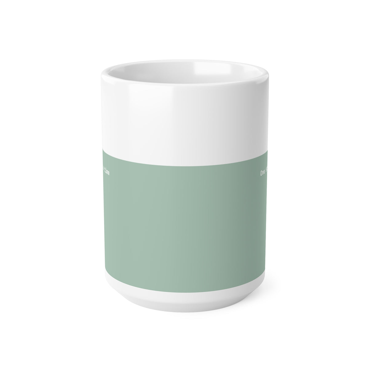Front view of green and white ceramic minimalist mug, 15oz size