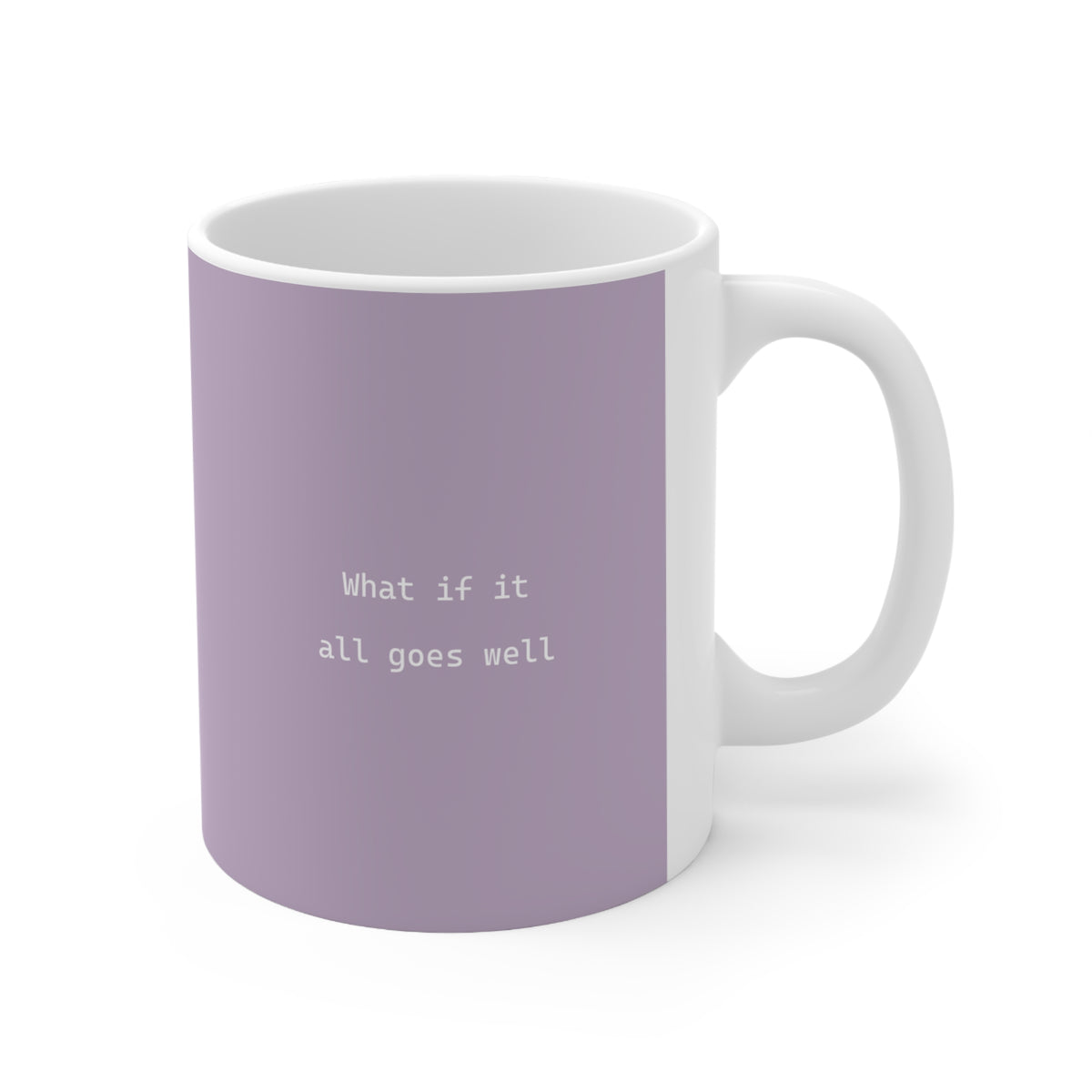 Right side view of purple ceramic minimalist mug, 11oz size, showing ‘What if it all goes well’ text and handle