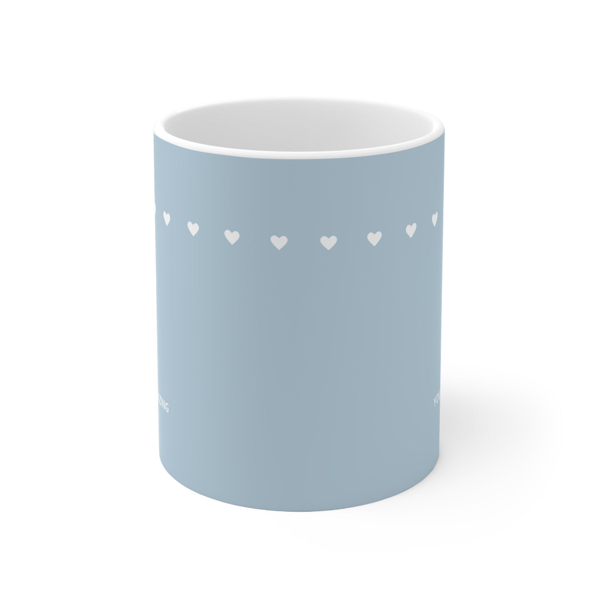 Front view of blue ceramic tiny hearts mug, 11oz size