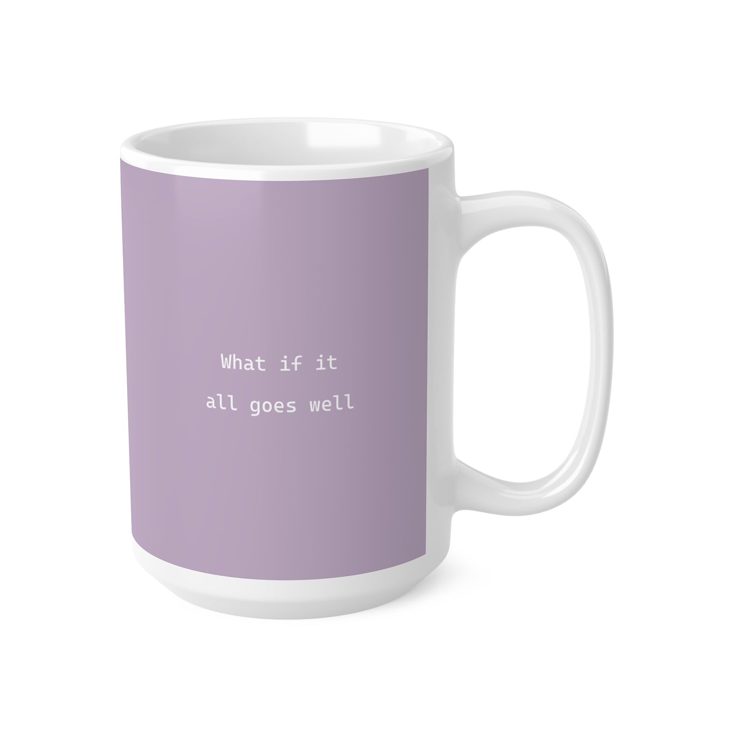 Right side view of purple ceramic minimalist mug, 15oz size, showing ‘What if it all goes well’ text and handle