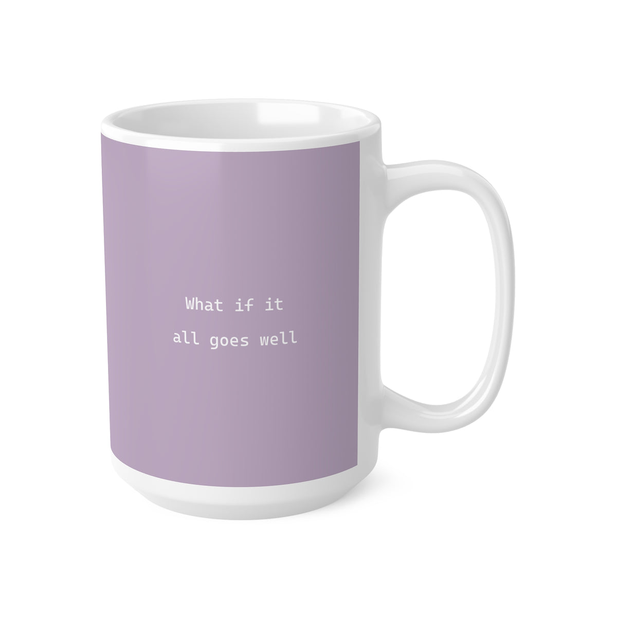 Right side view of purple ceramic minimalist mug, 15oz size, showing ‘What if it all goes well’ text and handle