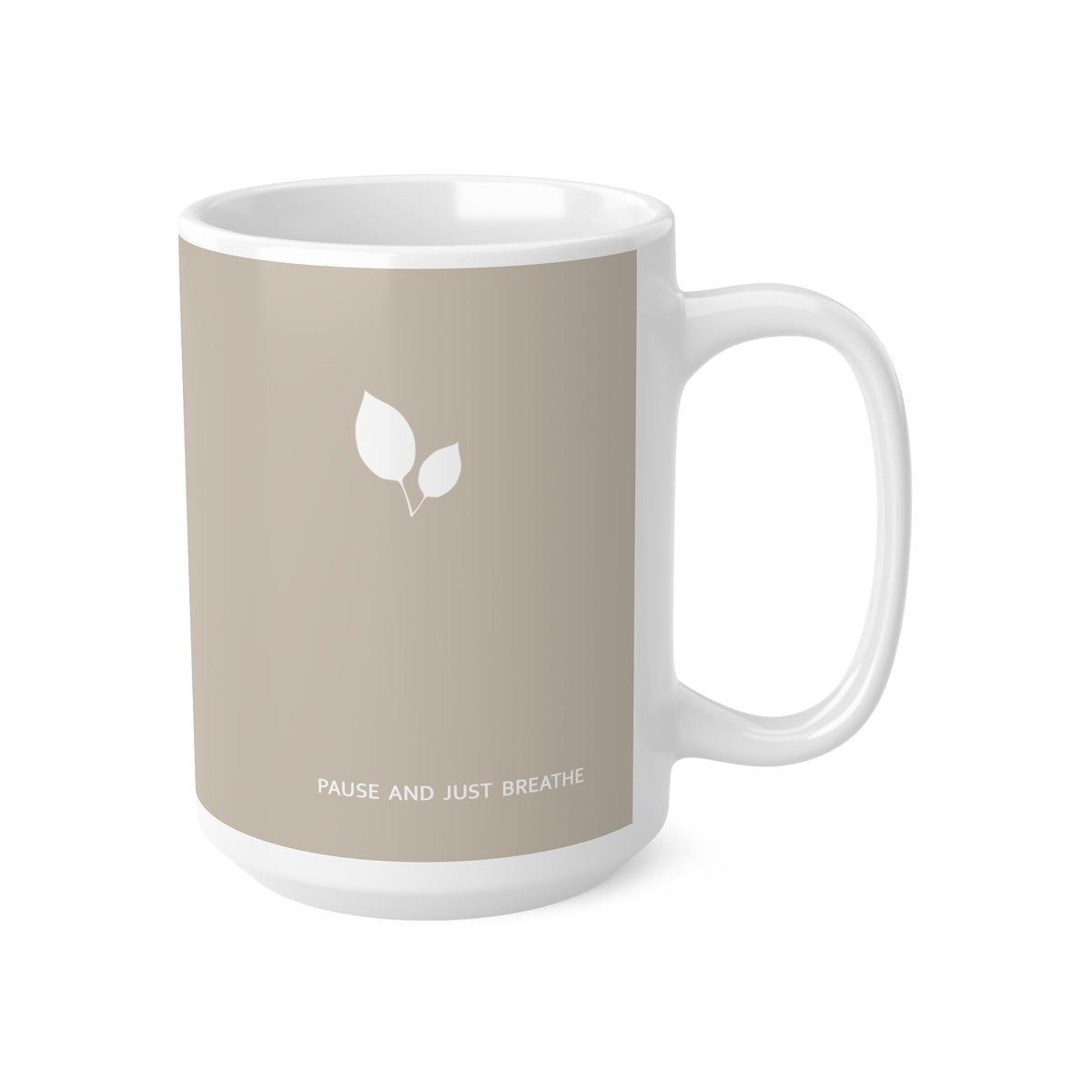 Right side view of brown ceramic leaf mug, 15oz size, showing leaf cluster, ‘Pause and just breathe’ text and handle