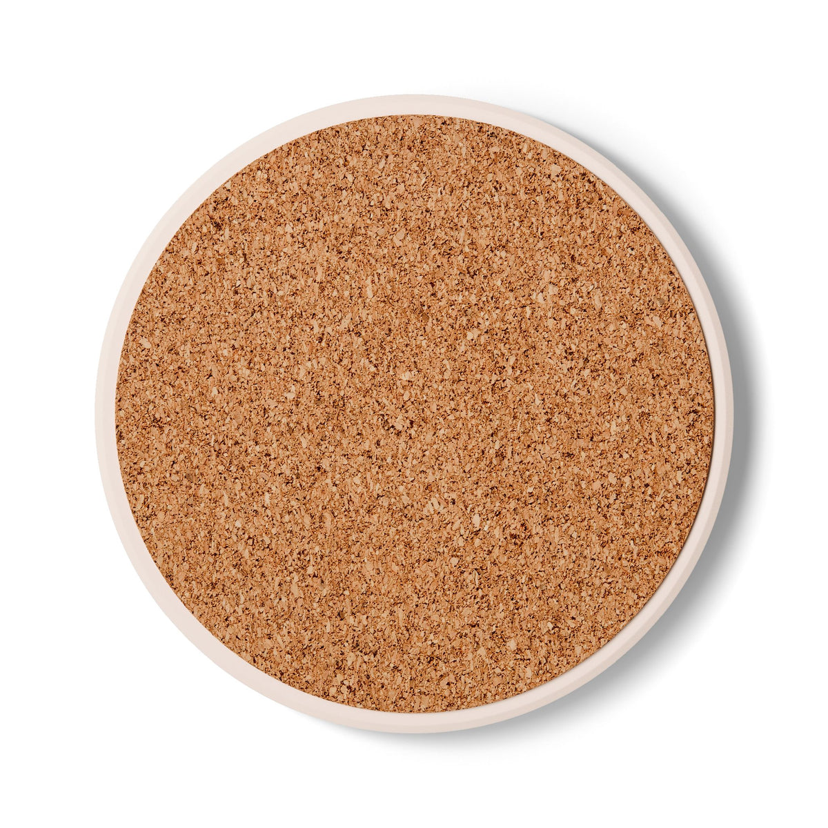 Back view of the round coaster. Cork backing.