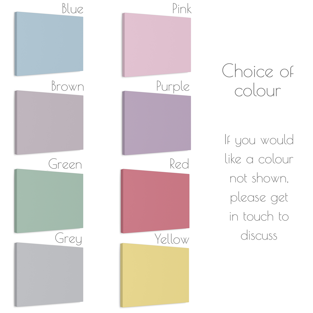 Colour chart showing canvas colour options - blue, brown, green, grey, pink, purple, red, yellow