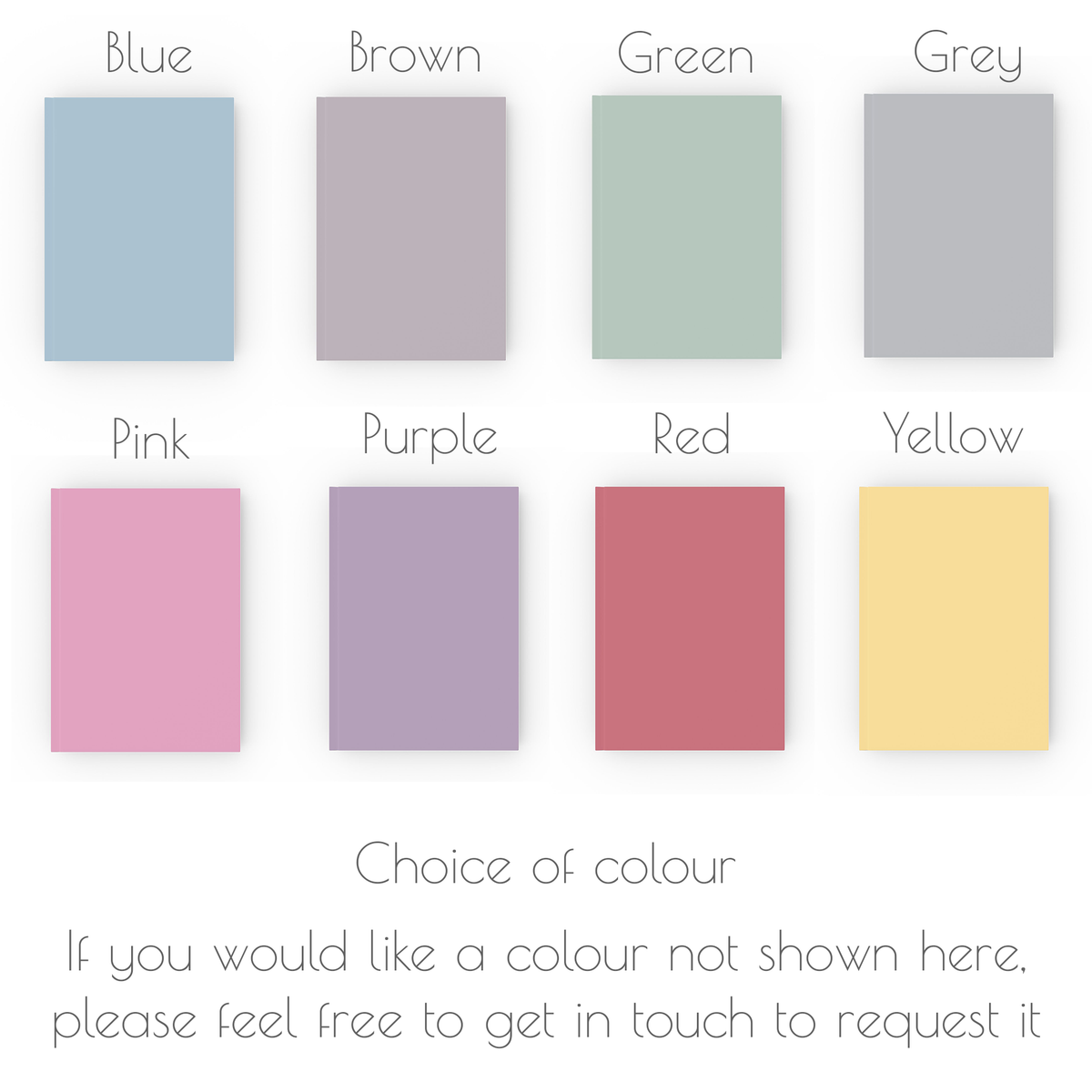 Colour chart showing journal colour options - blue, brown, green, grey, pink, purple, red, yellow