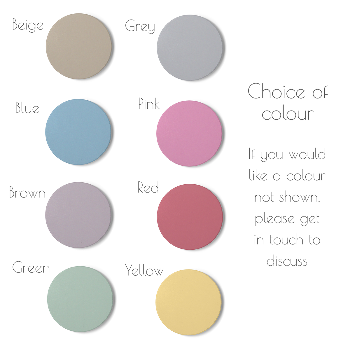 A color options chart showing nine circular coasters labeled Beige, Grey, Blue, Pink, Brown, Red, Green, Yellow, and a note that more colors can be discussed if needed.