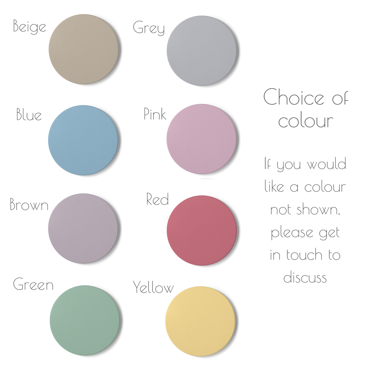 Colour options chart – beige, blue, brown, green, grey, pink, red, or yellow.