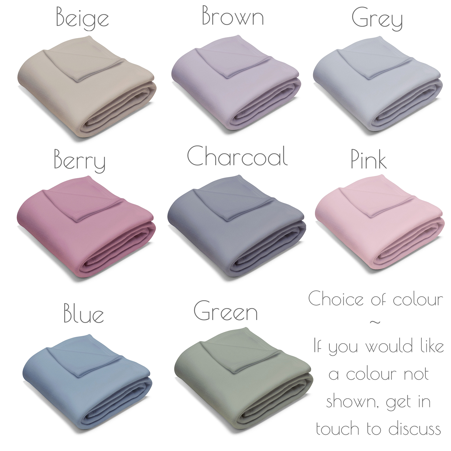 Colour chart showing choice of colours available – beige, berry, blue, brown, charcoal, green, grey, pink