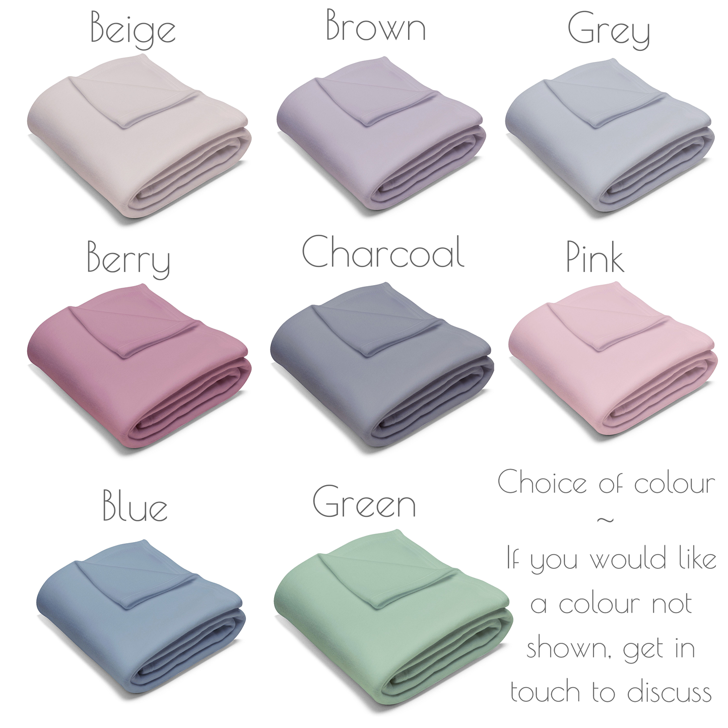 Colour chart showing choice of colours available – beige, berry, blue, brown, charcoal, green, grey, pink