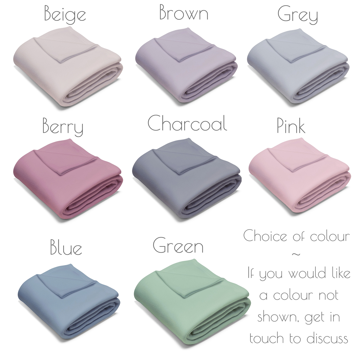 Colour chart showing choice of colours available – beige, berry, blue, brown, charcoal, green, grey, pink