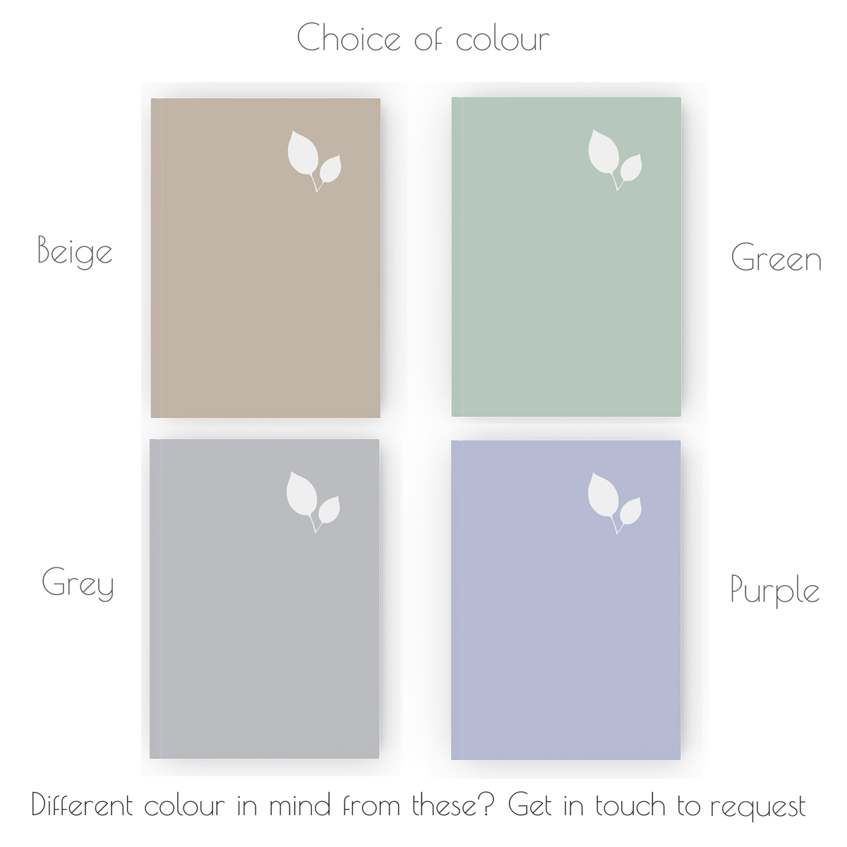 Colour chart showing journal colour options - beige, green, grey, purple