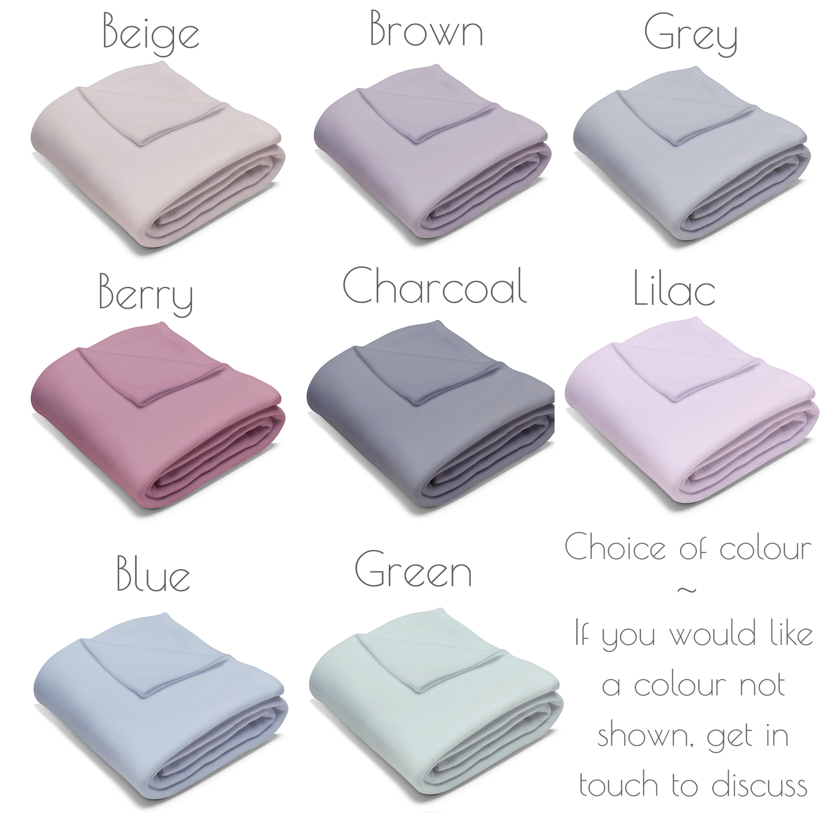 Colour chart showing choice of colours available – beige, berry, blue, brown, charcoal, green, grey, lilac