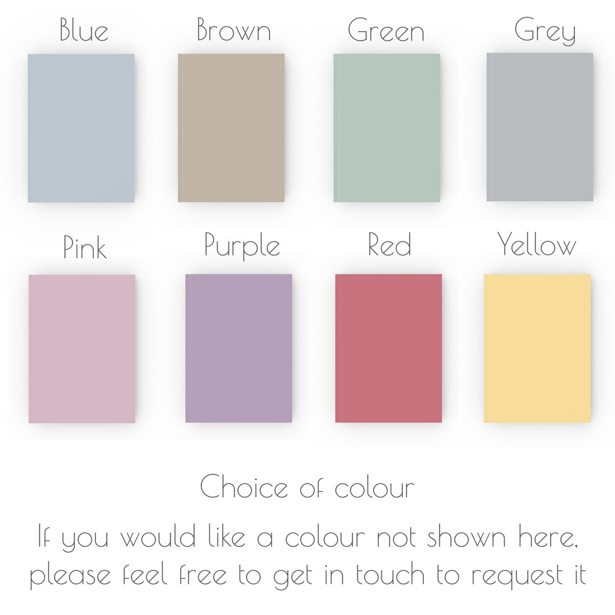Colour chart showing journal colour options - blue, brown, green, grey, pink, purple, red, yellow