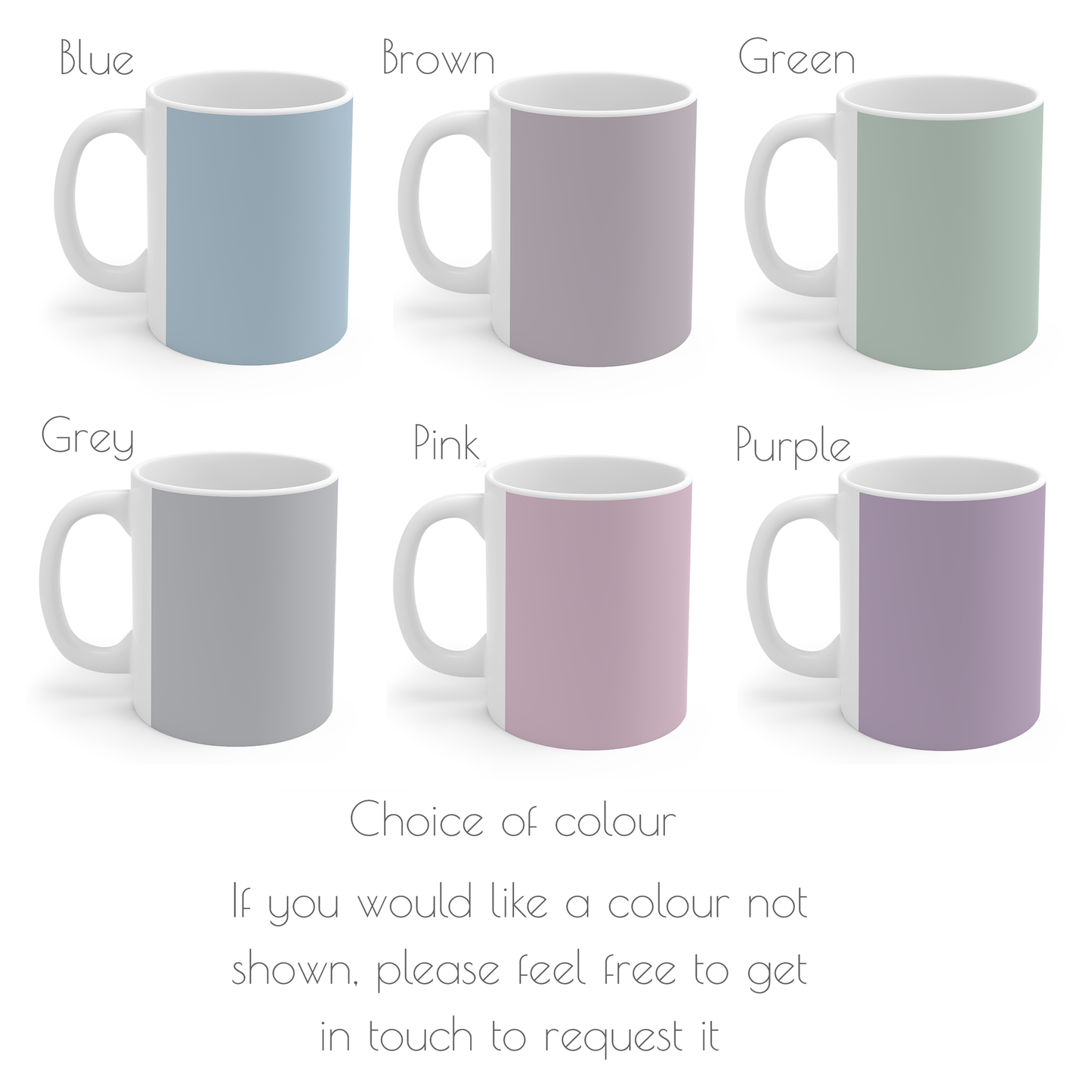 Colour chart showing mug colour options - blue, brown, green, grey, pink, purple