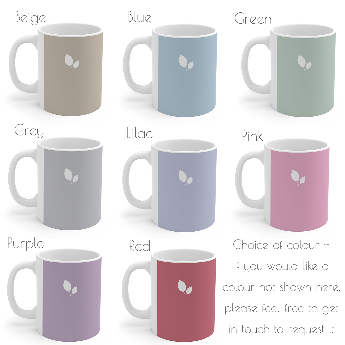 Colour chart showing mug colour options - beige, blue, green, grey, lilac, pink, purple, red