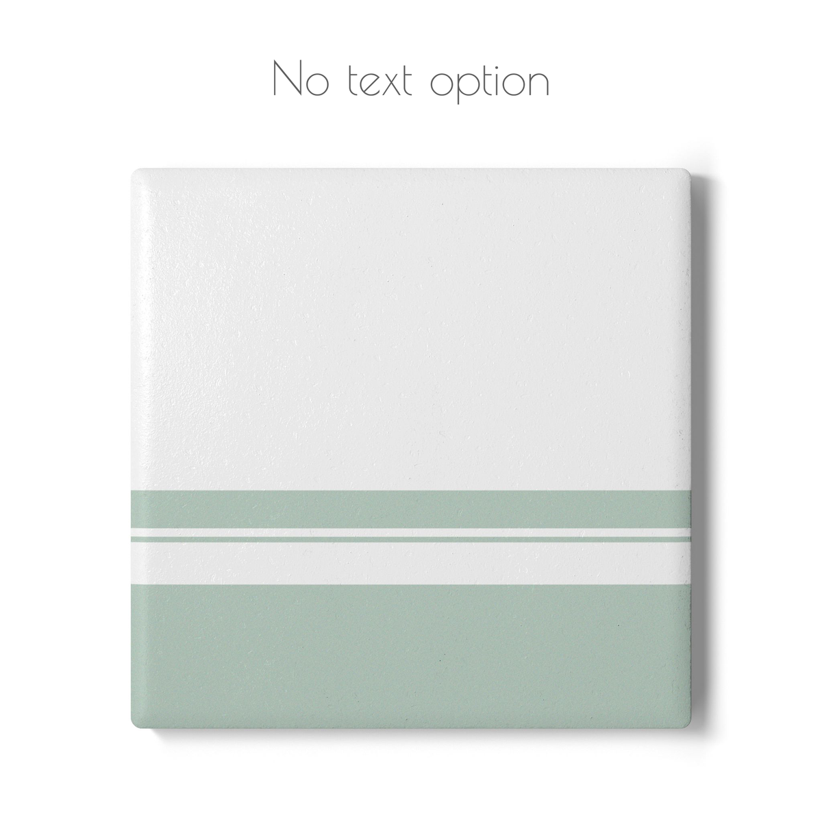 A square ceramic coaster with a minimalist color design, featuring a large white upper section, three sage green stripes in the lower section. The text 'No text option' is displayed above the tile on a clean white background.