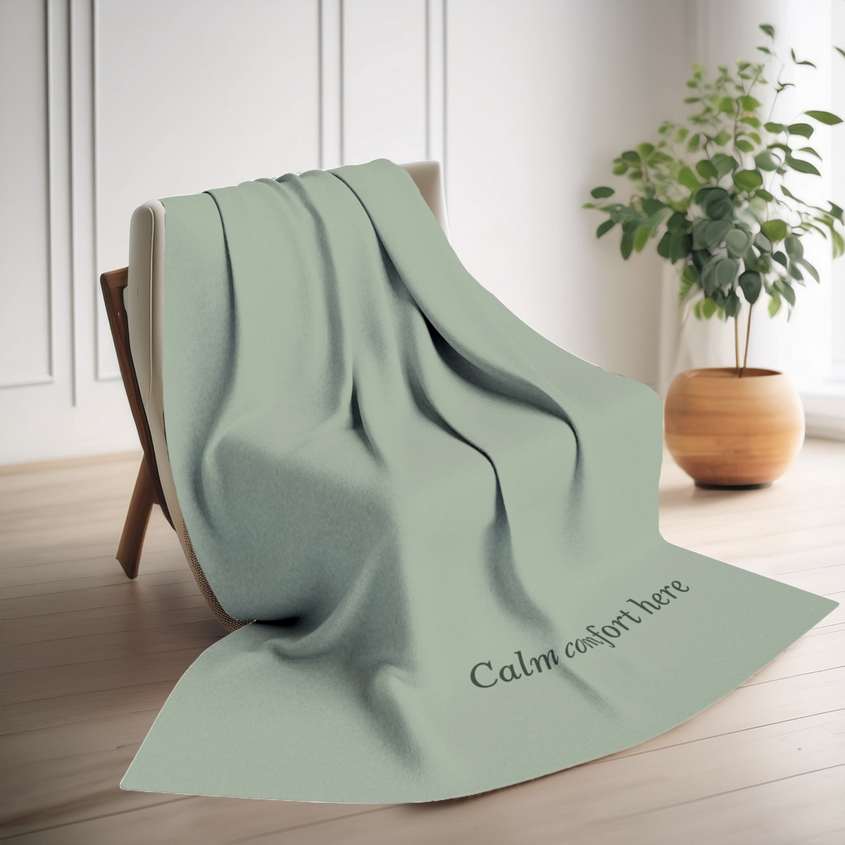 A sage green throw blanket draped over a modern armchair in a bright, minimalist room with light wood floors and a potted plant in the background. The blanket features the text 'Calm comfort here' printed in a dark gray script near the bottom right corner.