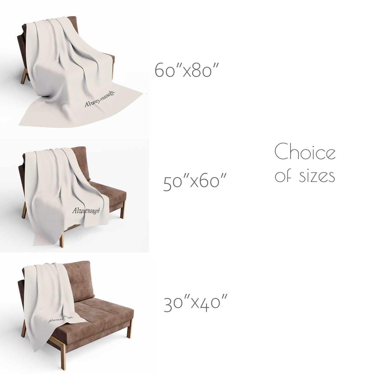 Three size options for a throw blanket are shown draped over brown armchairs on a white background: 60"x80", 50"x60", and 30"x40". Text on the right reads 'Choice of sizes'.