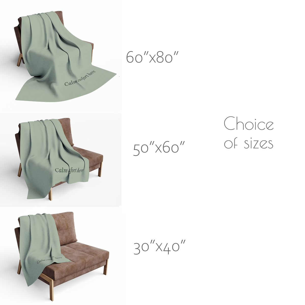 Three size options for a throw blanket draped over a chair on a white background: 60"x80" on a brown armchair, 50"x60" on a brown sofa, and 30"x40" on a brown armchair. Text reads '60"x80"', '50"x60"', '30"x40"', and 'Choice of sizes'.
