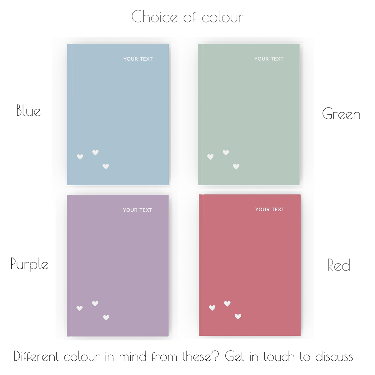 Colour chart showing journal colour options - blue, green, purple, red