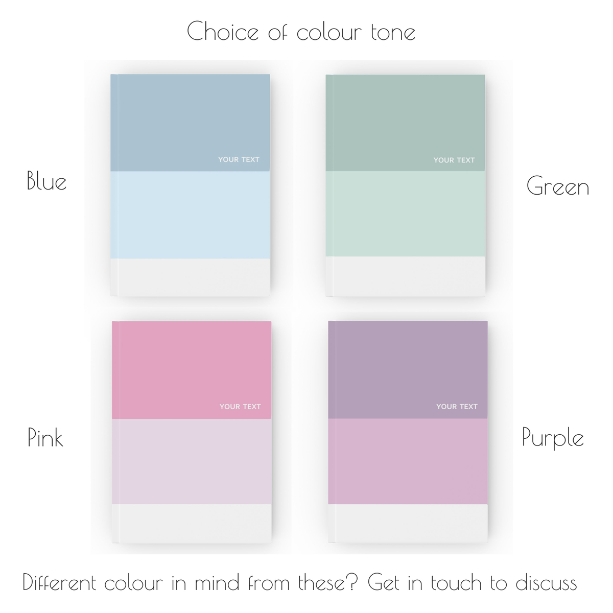 Colour chart showing stripe colour options for the journal - blue, green, pink, or purple