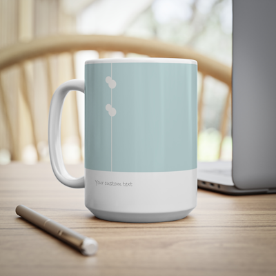 teal and white ceramic mug with delicate circle design, which you can customise with your own personal words