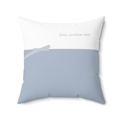 blue and square decorative pillow with your custom personalized text. bow design in the middle.