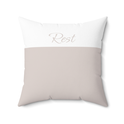 customizable brown and white square decorative pillow with the word, Rest