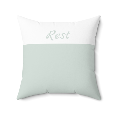 customizable sage green and white square decorative pillow with the word, Rest