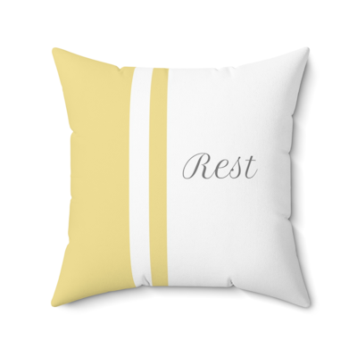 customizable yellow and white square decorative pillow with the word, Rest