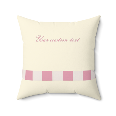light yellow square decorative pillow with your custom personalized text. horizontal stripe of checked design in pink and beige