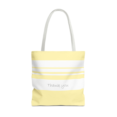 yellow and white tote bag with the words, thank you. white handles