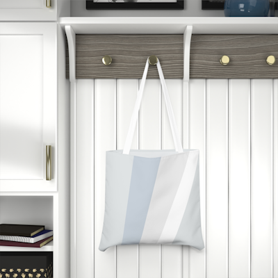 grey, blue and white tote bag