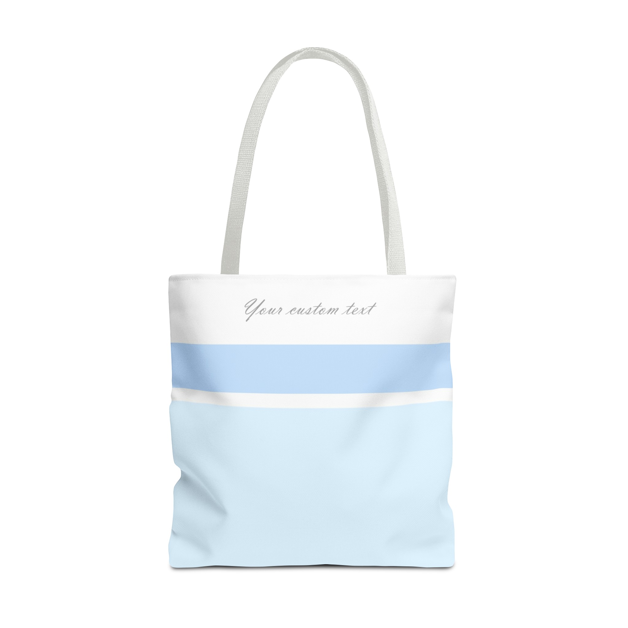 light blue and white tote bag with your custom personalized text. white handles