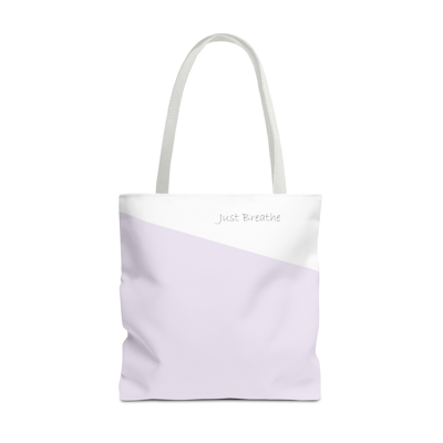 lilac and white tote bag with the words, just breathe. white handles